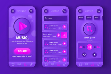 Poster - Music player unique neumorphic design kit for app. Favorite playlist with tracks, search music and audio streaming. Online music listening UI, UX template set. GUI for responsive mobile application.