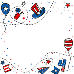 Wall Mural - Kids pattern for Independence Day USA. Background of hand-drawn elements for July 4th in the national colors of the United States of America. Vector illustration for a festive decoration.