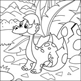 Fototapeta Pokój dzieciecy - Baby dinosaur hatching.  Coloring book for children. Cartoon vector illustration.