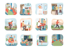 Daily Routine Of A Young Man. Set Of Daily Life Scenes. Sleeping, Eating, Working, Exercise And Playing Game. Flat Cartoon Character Illustration