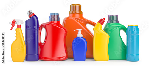 Fotografía Set of detergent plastic bottles with chemical cleaning product on white background