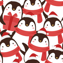 Penguin Seamless Pattern Background, Cartoon Christmas Theme, Animal Vector Illustration 