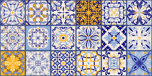 Collection Of 18 Ceramic Tiles In Turkish Style. Seamless Colorful Patchwork From Azulejo Tiles. Portuguese And Spain Decor. Islam, Arabic, Indian, Ottoman Motif. Vector Hand Drawn Background