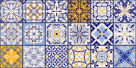 Collection of 18 ceramic tiles in turkish style. Seamless colorful patchwork from Azulejo tiles. Portuguese and Spain decor. Islam, Arabic, Indian, Ottoman motif. Vector Hand drawn background
