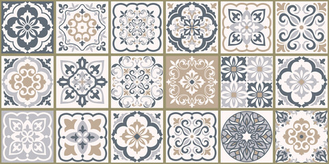 Collection of 18 ceramic tiles in turkish style. Seamless colorful patchwork from Azulejo tiles. Portuguese and Spain decor. Islam, Arabic, Indian, Ottoman motif. Vector Hand drawn background