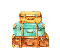 Vintage travel suitcase on a white background, watercolor and ink hand drawn illustration, cartoon sketch style