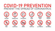 Coronavirus covid19 prevention creative illustration banner. Word lettering typography red line icons on white background. Thin line infographic style quality design for corona virus covid 19 prevent