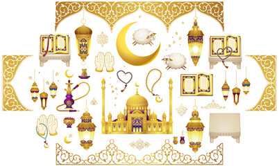  Vector set with arabic elements for Ramadan Greetings, Eid Al-Adha, Eid Mubarak cards. Arabic mosque, koran, crescent, Eastern lanterns for Kurban Bayram. Islamic Muslim Holidays. Easy to use, layred