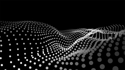 Fototapete - Dynamic particles wave. White dots on black background. Digital landscape. Vector illustration.Big data visualization 3D.