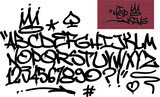 Fototapeta Młodzieżowe - Spray graffiti tagging font and signs (crown, heart, star, arrow, dot, quotation mark, number, spade). ''Hip-hop king''  quote on brick wall background.