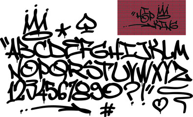 Spray graffiti tagging font and signs (crown, heart, star, arrow, dot, quotation mark, number, spade). ''Hip-hop king''  quote on brick wall background.