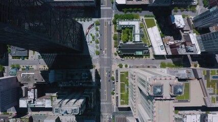 Wall Mural - Aerial overhead view of main shopping destination street in Chicago. Skyscrapers with rooftops on sunny day. Urban grid with cars