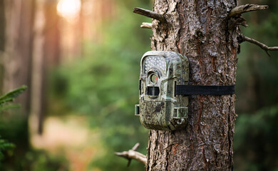 Camera trap or spy photo camera in forest.