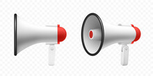 Megaphone Speaker Or Loudspeaker Bullhorn, Vector Realistic 3d Mockup. Modern Isolated Megaphone Loudhailer With Microphone, Red Sound Horn And Handle, Lifeguard Alert And Announcement Speakerphone