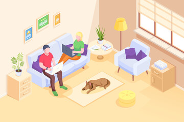 Aufkleber - Online work and home office, couple freelancers working with laptops sitting on sofa, vector isometric illustration. Young man and woman couple working from home with computers in room