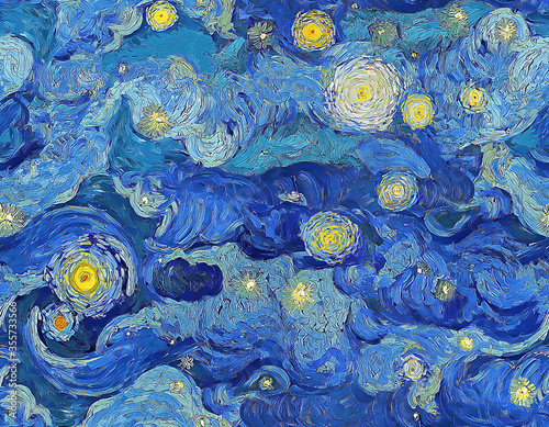 Naklejki Vincent van Gogh  jednolity-wzor-cyfrowego-malowania-zachmurzonego-niebieskiego-nocnego-nieba-z-gwiazdami-w-impresjonistycznych-obrazach
