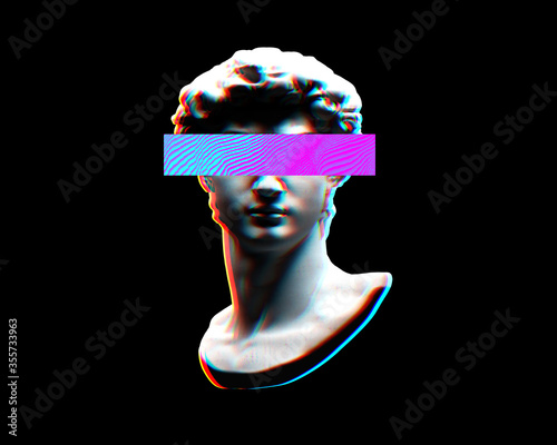 Cuadros en Lienzo Digital offset CMYK TV glitch style illustration of Michelangelo's David classical head bust sculpture from 3D rendering with colorful rectangle omitting eyes isolated on black background