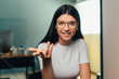 © filippo - Cheerful beautiful caucasian girl student professional standing at home in office looking at camera, happy confident entrepreneur  laughing face posing alone, head shot close up view portrait. Webcam