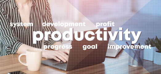 Leinwandbilder - Collage with businesswoman working on laptop in office and productivity words on virtual screen