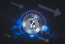 Bitcoin Symbol. 3D Illustration Of Blue Metallic Bitcoin Logo On The Blue Digital Background, Indicating To Buy.