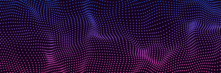 Poster - Color music sound wave. Abstract futuristic background of glow particles. Vector technology dynamic dots background.