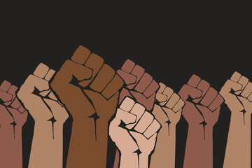 Stop racism. Many multi colored fist protesting on dark background. Black lives matter. Different races hands protest, interracial community unity. Modern vector in flat style. New movement