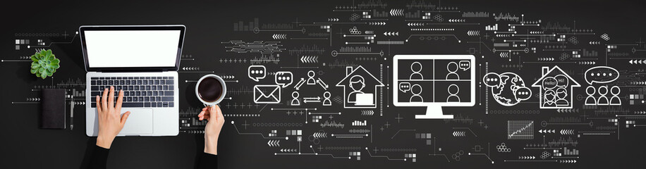 Poster - online meeting theme with person using a laptop computer