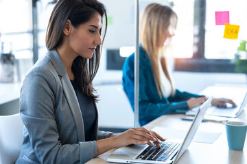 Two business women work with laptops on the partitioned desk in the coworking space. Concept of social distancing.