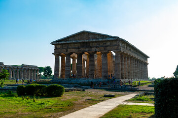 Italy, Campania, Paestum - 12 August 2019 - Beautiful view of the temple of Neptune in Paestum