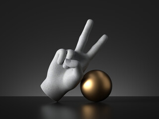 3d render, mannequin hand two fingers up and golden ball, victory gesture, isolated on black background, modern minimal concept, simple clean design. Human limb prosthesis. Sculpture art object