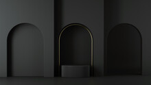 3d Render, Minimalist Black Background. Abstract Elements. Empty Cylinder Podium, Vacant Pedestal, Round Stage, Showcase Stand, Product Display Platform, Golden Arch. Copy Space. Modern Premium Design