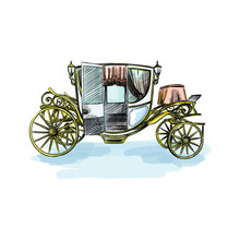 Watercolor Colorful Hand-drawn Sketch Of Wedding Carriage. Wedding Accesories And Attributes. 