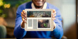 © Prostock-studio - African American man showing tablet computer with cocktail blog on screen, collage. Panorama