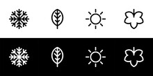 Four Seasons Icon Set. Flat Design Symbol Collection Isolated On Black And White Background. Winter, Spring, Summer, And Autumn.