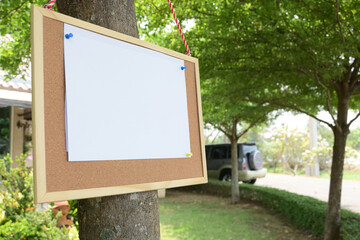 white paper post blank text message note on notice board hanging on tree in garden