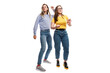 © Анна Демидова - Young girls girlfriends in jeans dance emotionally. Festive cheerful mood. Isolated on a white background.