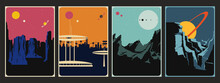 Retro Future Space Poster Set, Alien Planet Landscapes, Mid Century Modern Art Style 