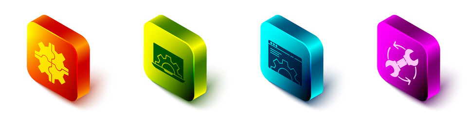 Poster - Set Isometric Gear, Laptop and gear, Browser setting and Wrench and arrows as workflow icon. Vector