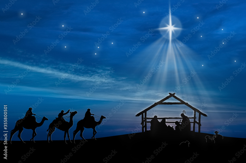 Christmas nativity scene of baby Jesus in the manger with Joseph, Mary ...