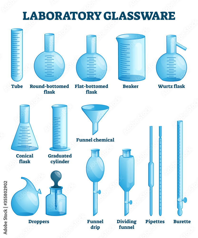 Laboratory glassware vector illustration. Labeled science equipment set ...