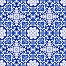 Illustration Royal Indigo Blue Porcelain Thai Flower Traditional Ornamental Element Style Design For Seamless Pattern Vector 