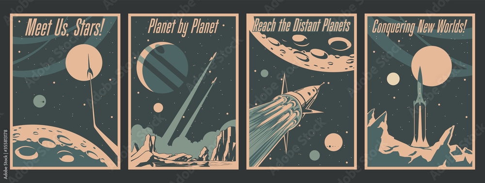 Retro Futurism Space Conquering Poster Set, Spacecraft, Rockets, Space Mission Propaganda Placards - obrazy, fototapety, plakaty 