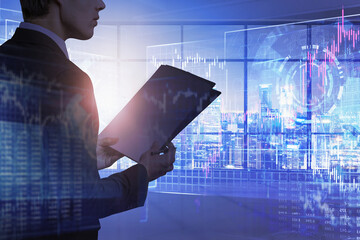Poster - Trader with clipboard in night office, HUD graph