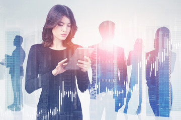 Poster - woman with tablet and her team in city forex graph