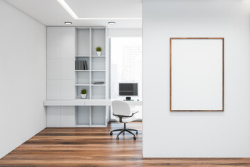 Poster - White home office interior with poster