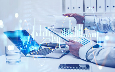 Poster - man reading report in office, forex graph