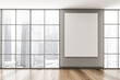 Empty grey panoramic living room with poster
