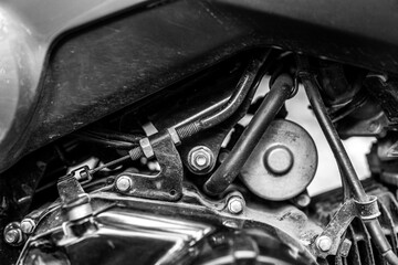 Black and white  abstract of mechanic view from a motorcycle.