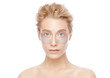 © Damir Khabirov - Portrait of young beautiful blonde blue eyed woman with glowing skin with patches to remove eye puffiness, isolated on white background