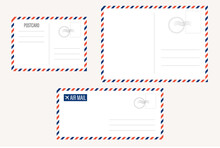 Air Mail Letter Vector. Post Stamp. Airmail Frame Postcard. Blue Red Stripes Pattern. Mockup Template Envelope. On White Background. Retro Vintage Blank Message. World International Label